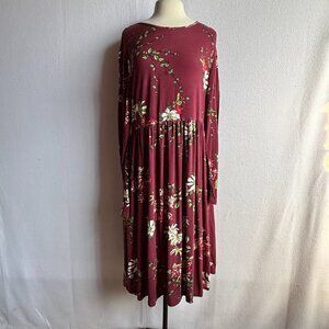 Burgundy Floral Comfy Boho High Waist Dress 2XL with Pockets